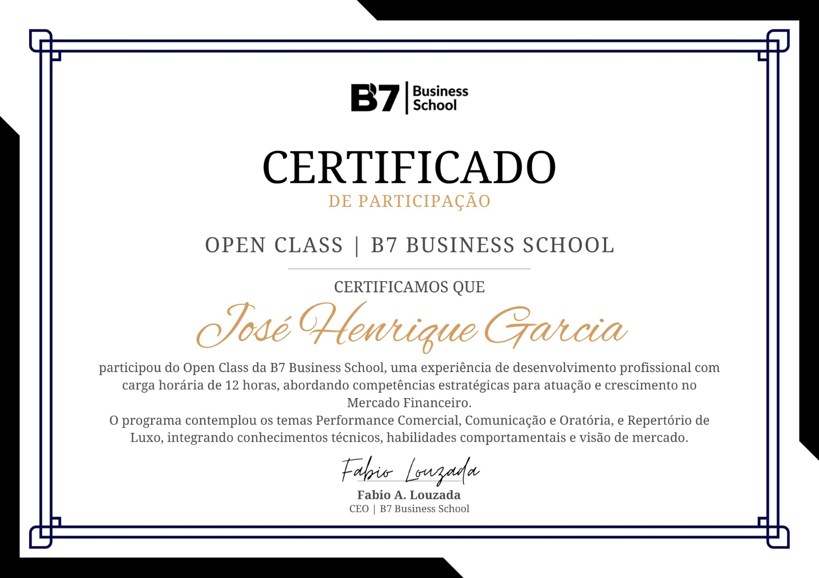 Modelo do certificado de participação da Open Class B7